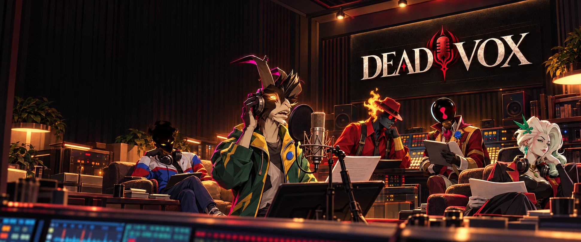 Billy recording at a microphone in Brazilian colors; Haze, Infernus, Paradox and Lady Geist wait in a multilingual recording studio with a DEADVOX sign.